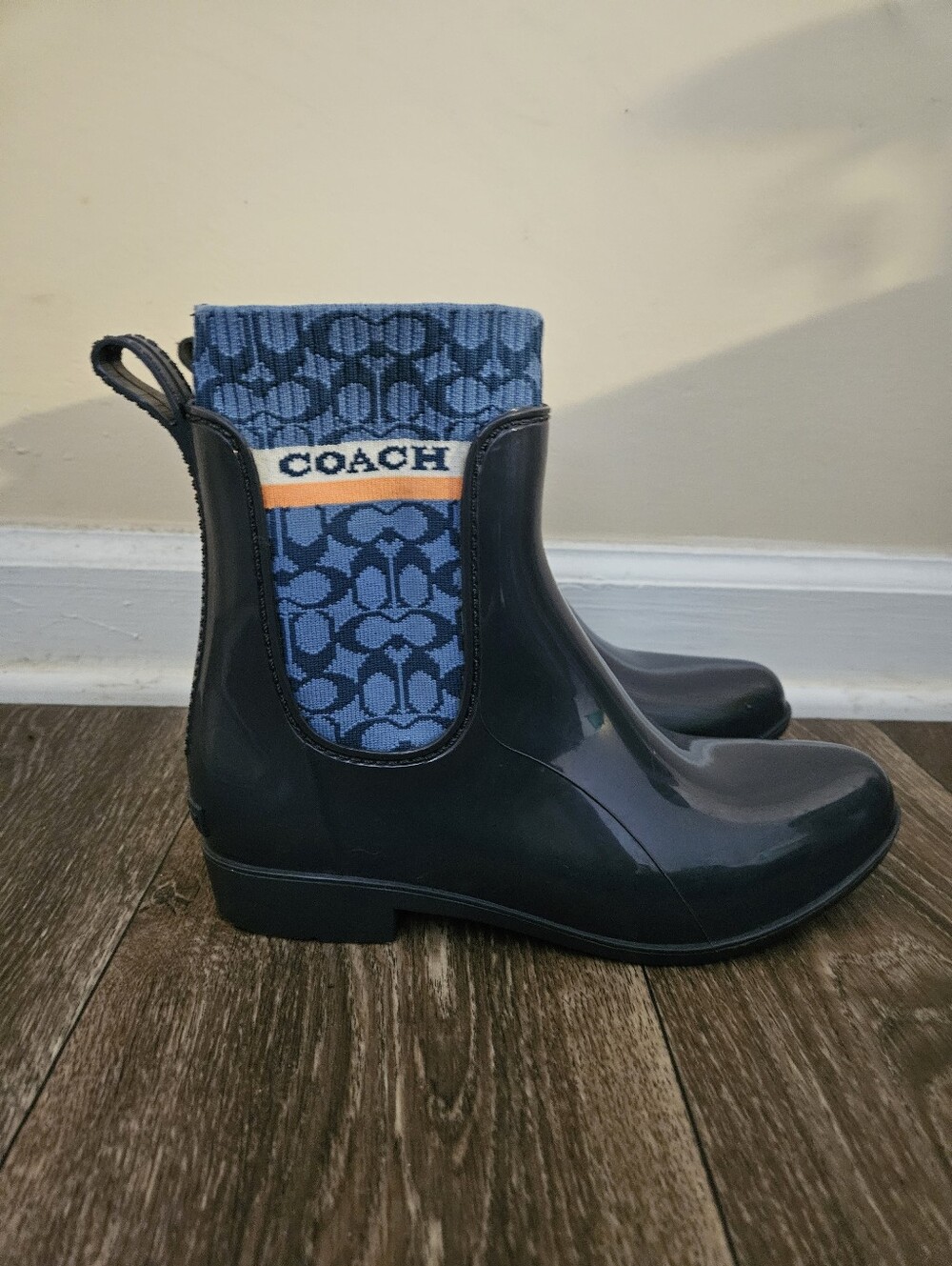 Coach Women's Navy Rain Chelsea Boots with Signature Blue Knit, Size 7
